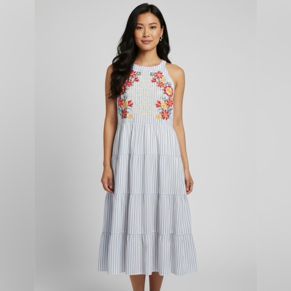 Savanna Jane Boho Floral Embroidered Stripe Sleeveless Dress Large NWT - Picture 1 of 5